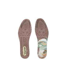 Load image into Gallery viewer, A pair of custom shoe insoles shown from the top on a solid black background. The insoles feature a brown tribal pattern on the heel and toe, with a printed cartoon character on the ball of the foot and a vertical brand label reading 'KAVU' on the left insole.