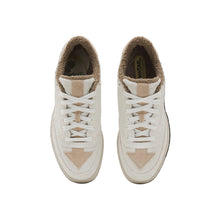 Load image into Gallery viewer, A pair of off-white suede sneakers with beige suede toe caps and beige fuzzy lining, shown from a top-down view on a solid black background.