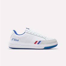 Load image into Gallery viewer, White sneaker with blue and red accents on a white background