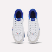 Load image into Gallery viewer, A pair of Reebok sneakers shown from a top-down view on a light gray background. The shoes are primarily white with vibrant blue accents on the collar lining, tongue, and side stripes, and a light gray rubber sole.