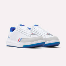 Load image into Gallery viewer, A pair of Reebok low-top sneakers in white, light gray, and blue, shown from the side against a light off-white background.