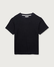 Load image into Gallery viewer, A short-sleeve crewneck knit top in solid black, displayed flat against a light gray background.
