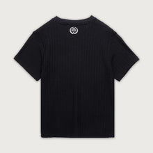 Load image into Gallery viewer, Black t-shirt with a small blue logo on a white background