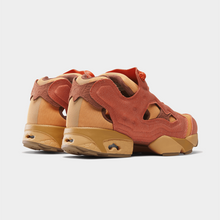 Load image into Gallery viewer, A pair of low-top sneakers shown from the back, featuring a color-blocked design in terracotta orange, tan, and light beige suede and mesh.