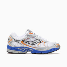 Load image into Gallery viewer, A Saucony running shoe in white, gray, and blue with orange accents, shown from the side profile against a light gray background.
