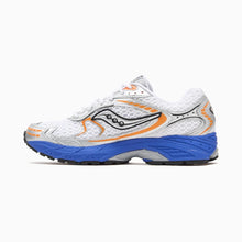 Load image into Gallery viewer, A Saucony athletic sneaker in white, blue, and orange, shown from a side profile view against a light gray background.