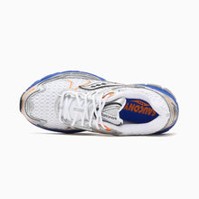 Load image into Gallery viewer, A single Saucony running shoe shown from a lateral side profile view against a clean white background. The shoe features a white mesh upper with silver overlays, orange accents, and a blue outsole and heel counter.