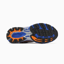 Load image into Gallery viewer, The outsole of a running shoe shown from a top-down view, featuring a black tread pattern with vibrant blue and orange accents on a white background.