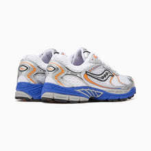Load image into Gallery viewer, A pair of Saucony athletic sneakers in white, blue, and orange, shown from a side profile view against a plain white background.