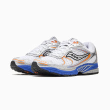 Load image into Gallery viewer, A pair of Saucony athletic sneakers in white, featuring a textured mesh upper, a prominent blue and silver midsole, and orange accents, set against a plain white background.