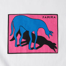 Load image into Gallery viewer, A close-up of a white garment featuring a rectangular graphic print with a bright pink background, a blue horse silhouette casting a black shadow, and the word 'PARRA' in black text.