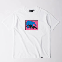 Load image into Gallery viewer, A white short-sleeve crewneck t-shirt featuring a square graphic print on the chest with a blue bull silhouette over a pink background and the word 'FANRRA'.